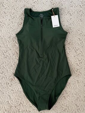 NWT Quince Italian Zip Front One Piece Swimsuit Size Large Palm Green Beach
